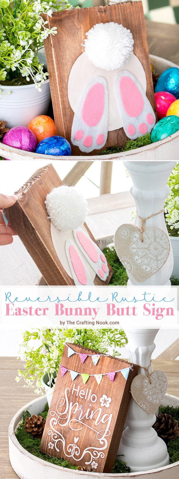 Fun DIY Rustic Reversible wooden easter signs and Hello Spring Feature Cover Image with Title Text overlay for Pinterest