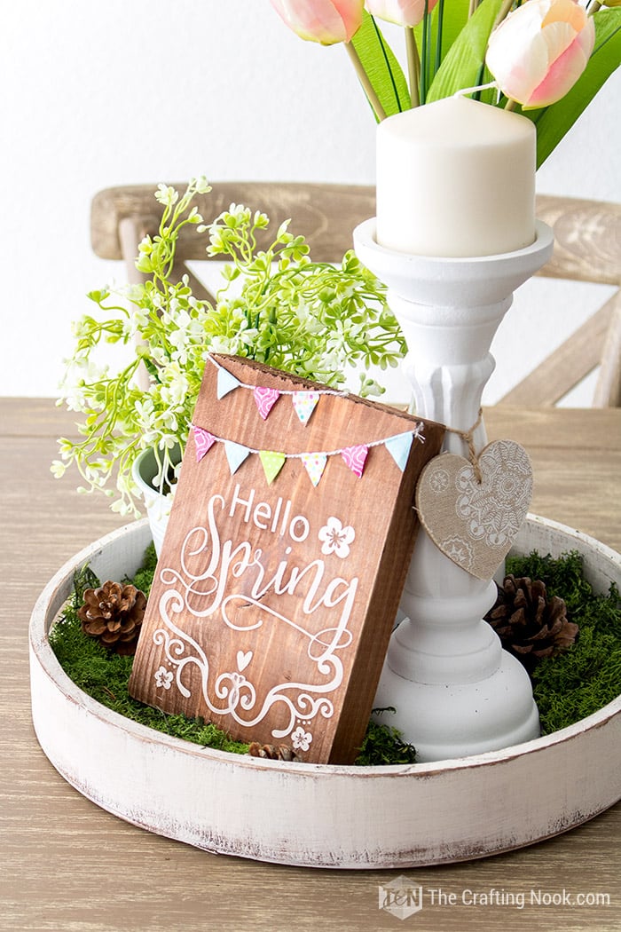 The Hello Spring Wood Sign side on the Spring tray centerpiece