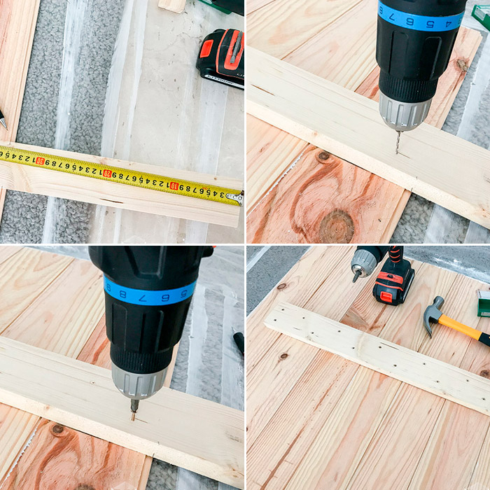 4 images of the process of placing the heardboard supports
