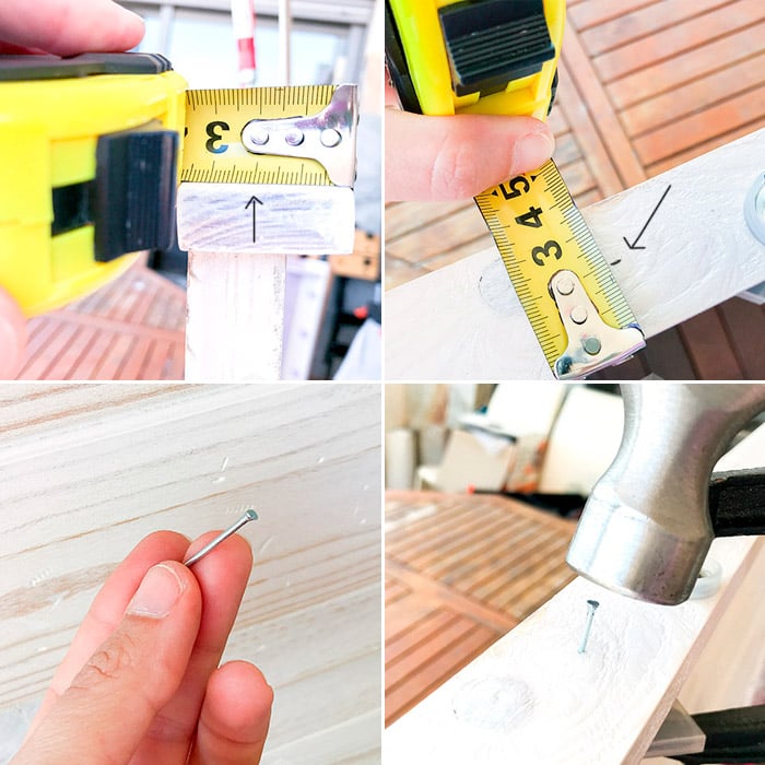 Four images of the process of taking measurements and driving a nail into the wood