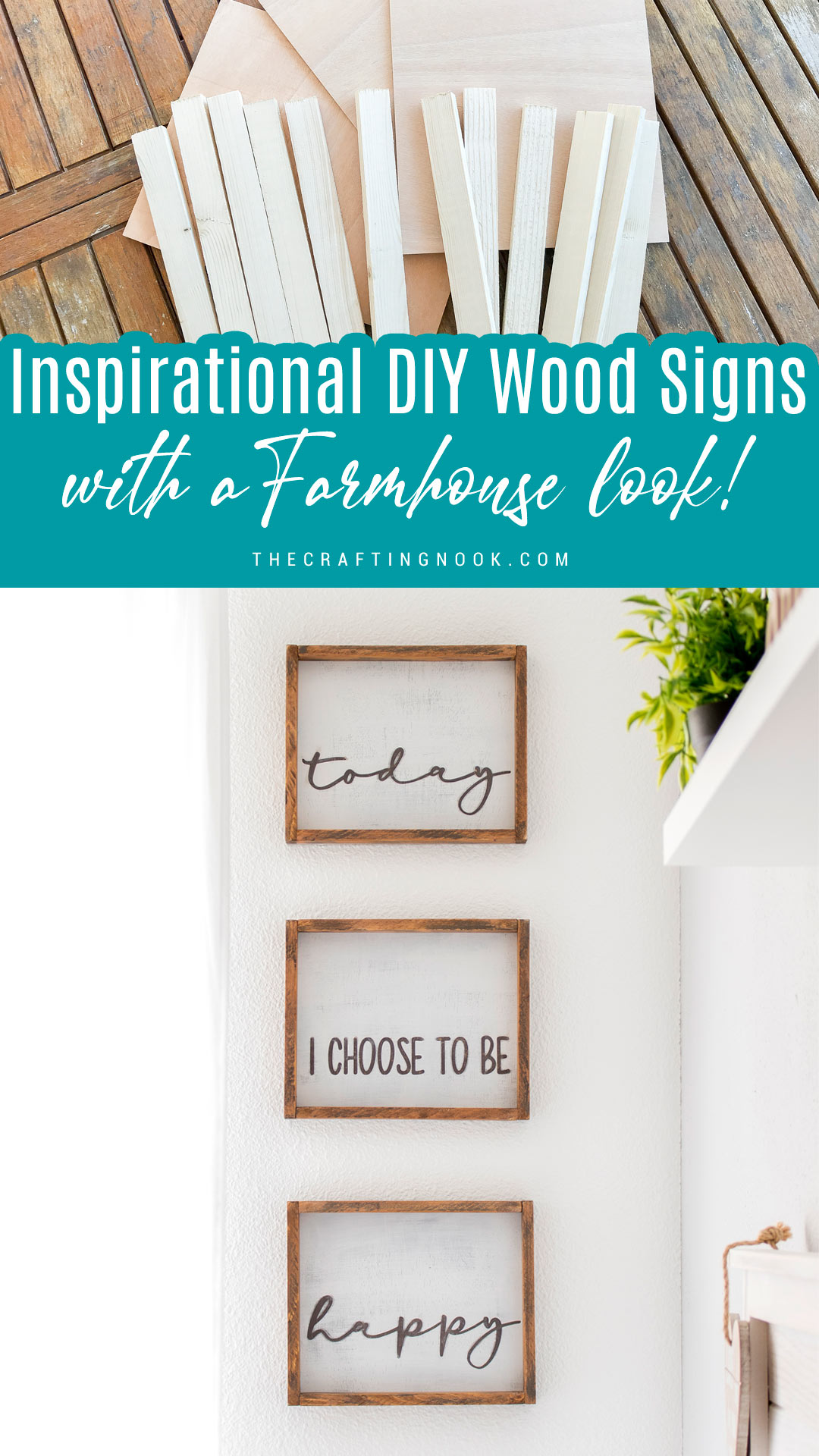 How to Make DIY Wood Signs with a Farmhouse Look. Pinterest Image with Title text overlay