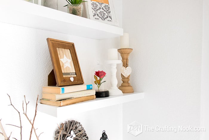 general side view of mantel with vintage elements and farm house style