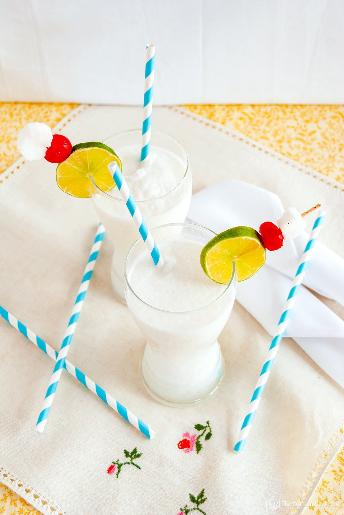 Slight upper view closeup of the Frozen coconut limeade Drink with Malibu