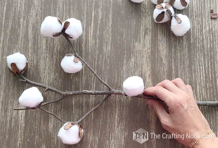 showing a dry branch with the cotton balls already attached
