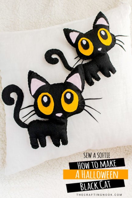 DIY Free Halloween Black Cat Softie Pattern. Featured image with title text overlay