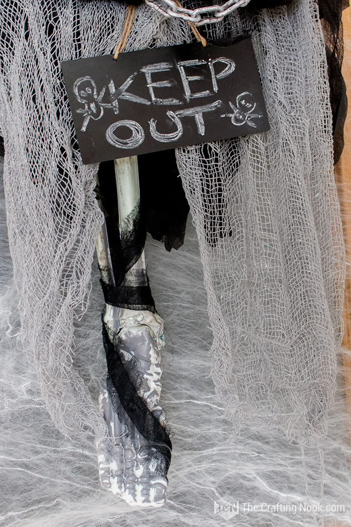 closeup of Easy Halloween Skeleton Wreath Legs