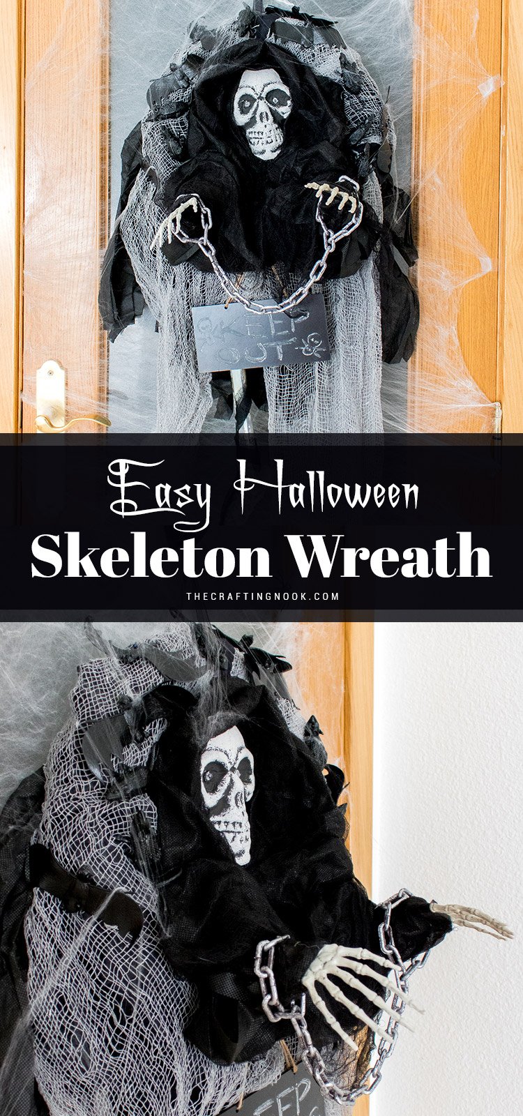 How to make an Easy Halloween Skeleton Wreath Pinterest image with text overlay