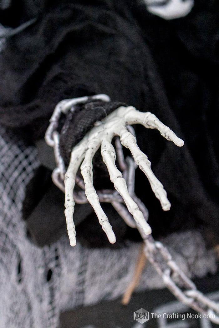 closeup of Easy Halloween Skeleton Wreath hands