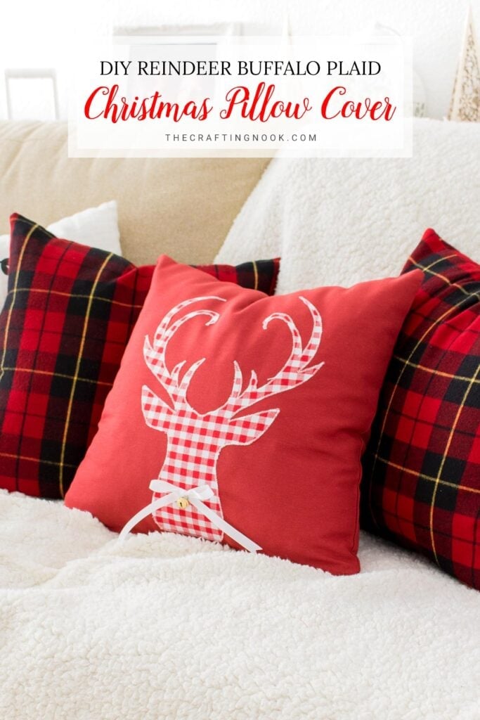 DIY Reindeer Applique Plaid Christmas Pillows Feature Image with Title text overlay