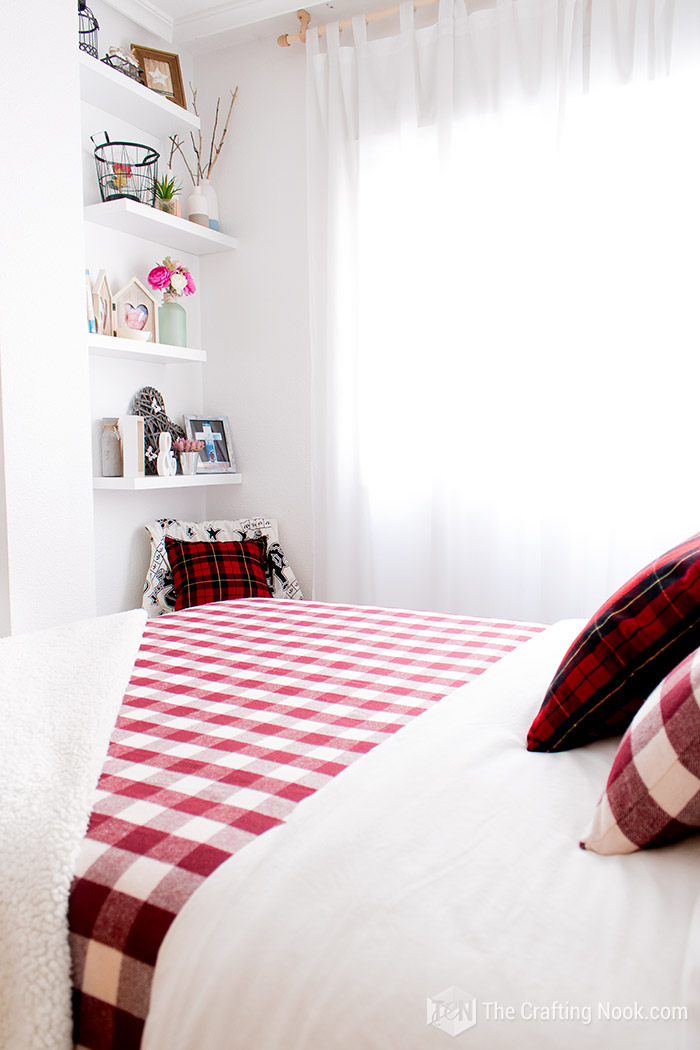 angled view of Red and White Buffalo Plaid Christmas bedroom