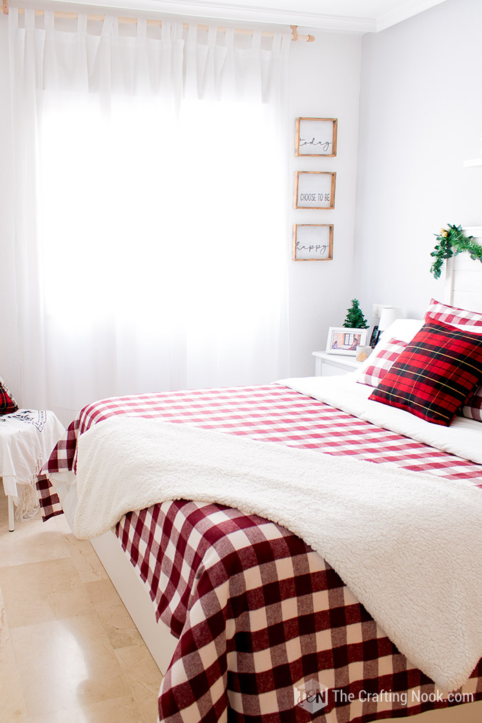 Red and White Buffalo Plaid Christmas bedroom detail