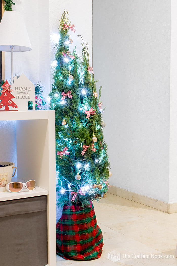 view of a small pine tree decorated in the entryway