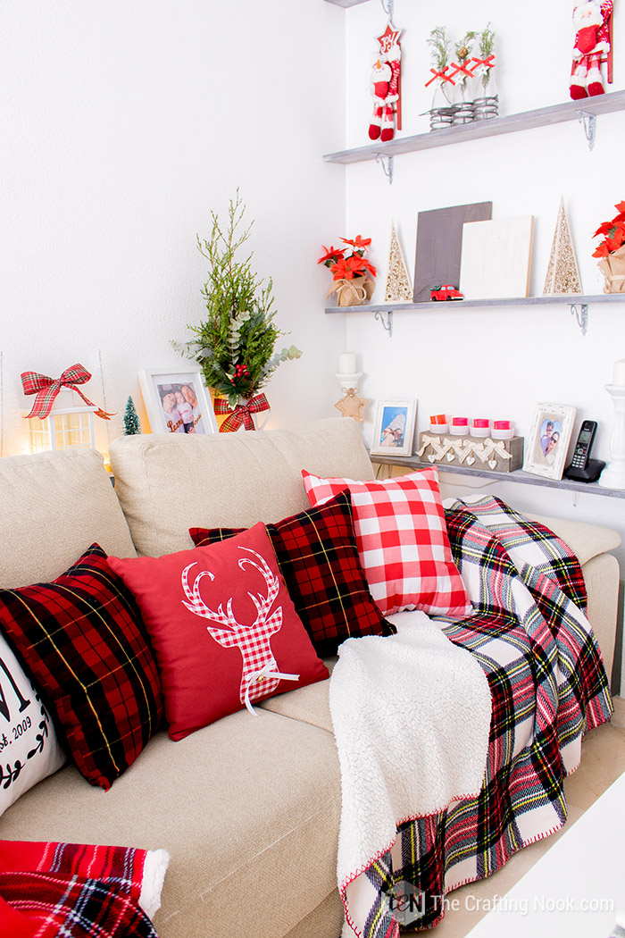 Red and White Buffalo Plaid Christmas  decoration on sofa