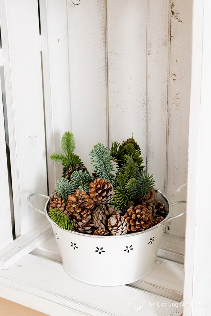 bowls with pine branches and pinecones