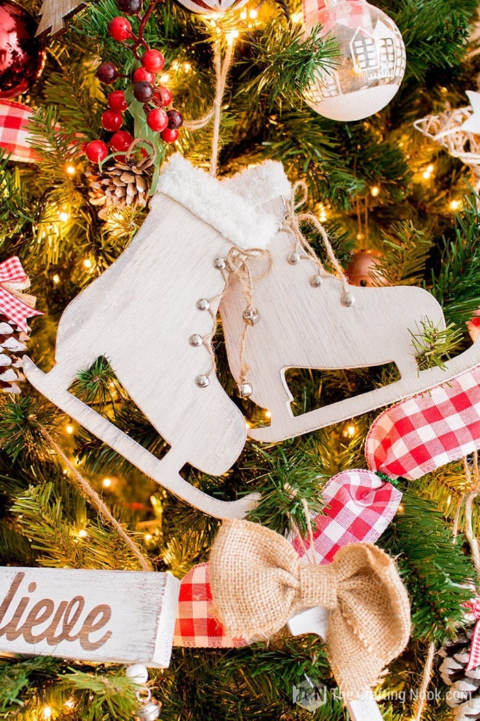 Wooden skates ornaments on the tree