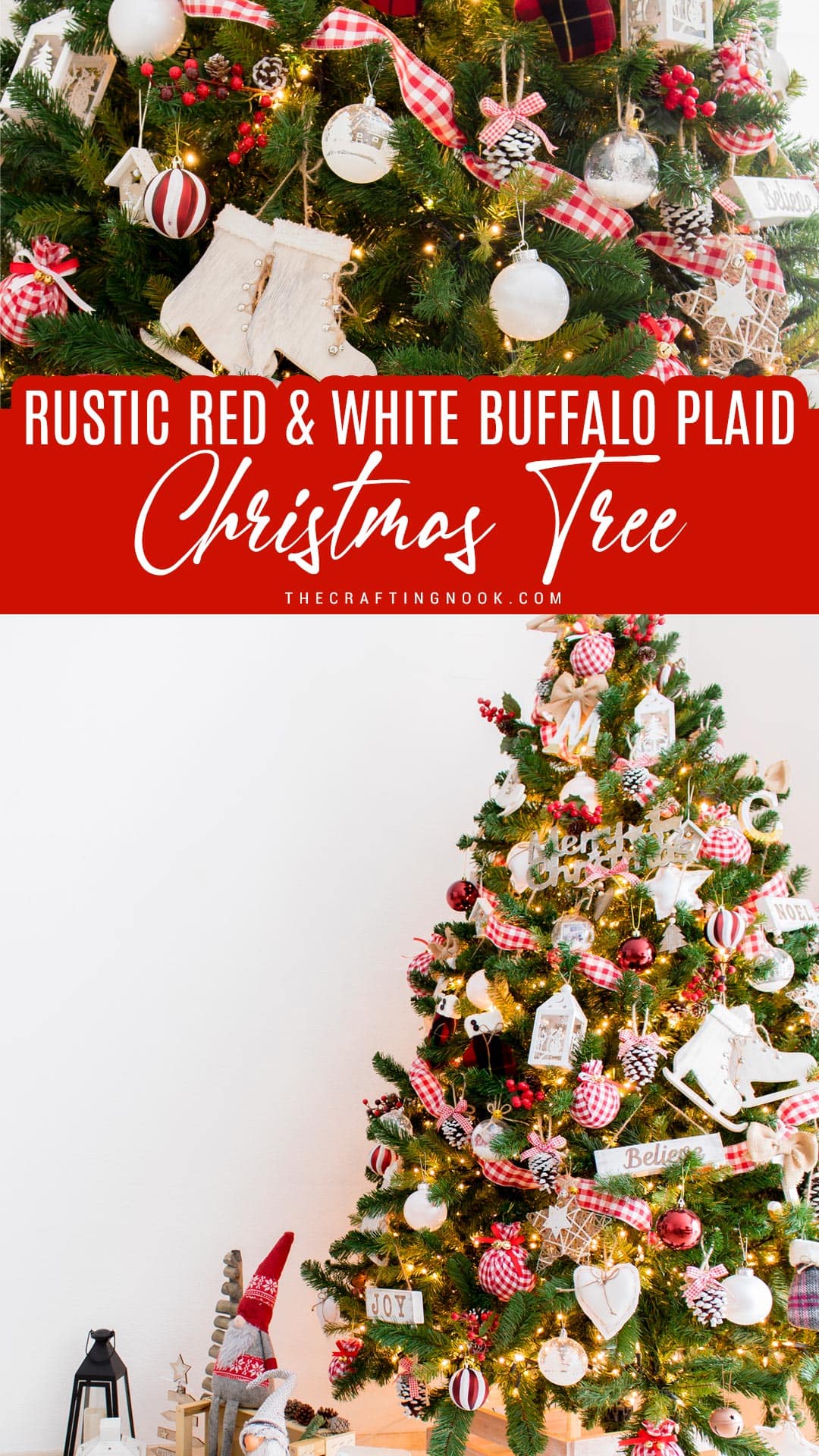 Rustic Buffalo Plaid Red and White Christmas Tree Pinterest image with title text overlay