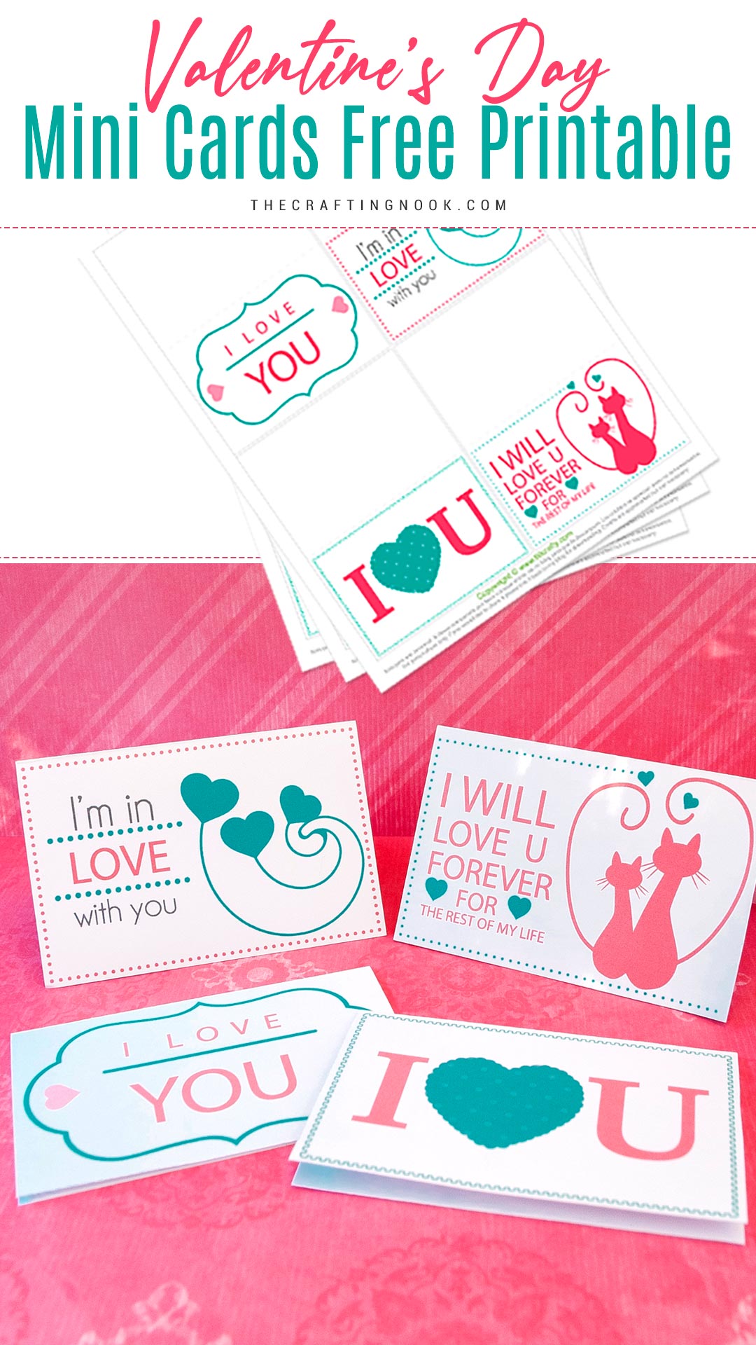 Valentine's Day Mini Cards (Free Printable) Pinterest image with title text overlay and the printable samples