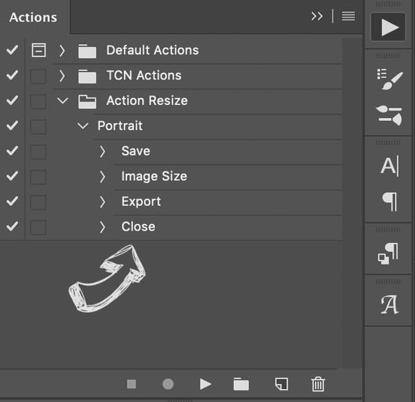 screenshot of Photoshop actions list showing the last item should be "close"