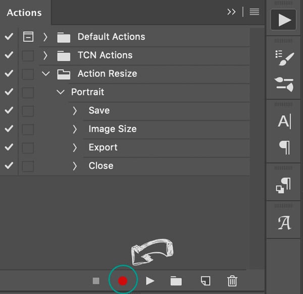 screenshot of photoshop custom actions recording