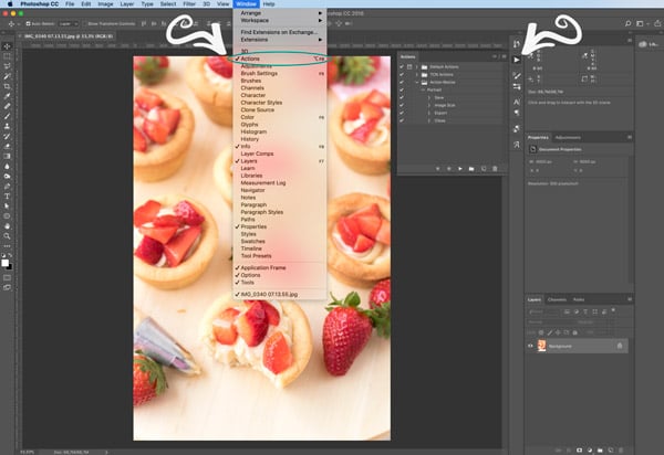 screenshot of opening the action window on photoshop to create the action