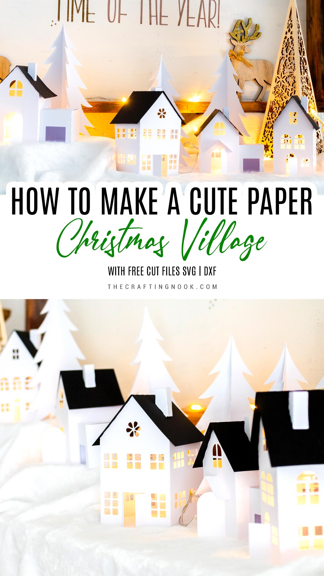 DIY Paper Christmas Village (+ Free Cut Files) On my mantel Pinterest image with title text overlay