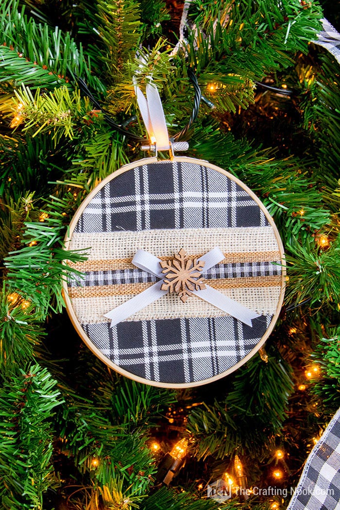 Closeup of the black and white buffalo check Embroidery Hoop Christmas Ornaments