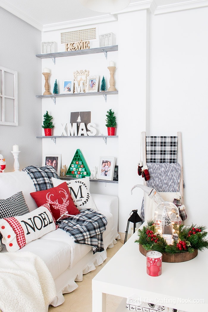 closer view of sofa in living room with christmas decoration  