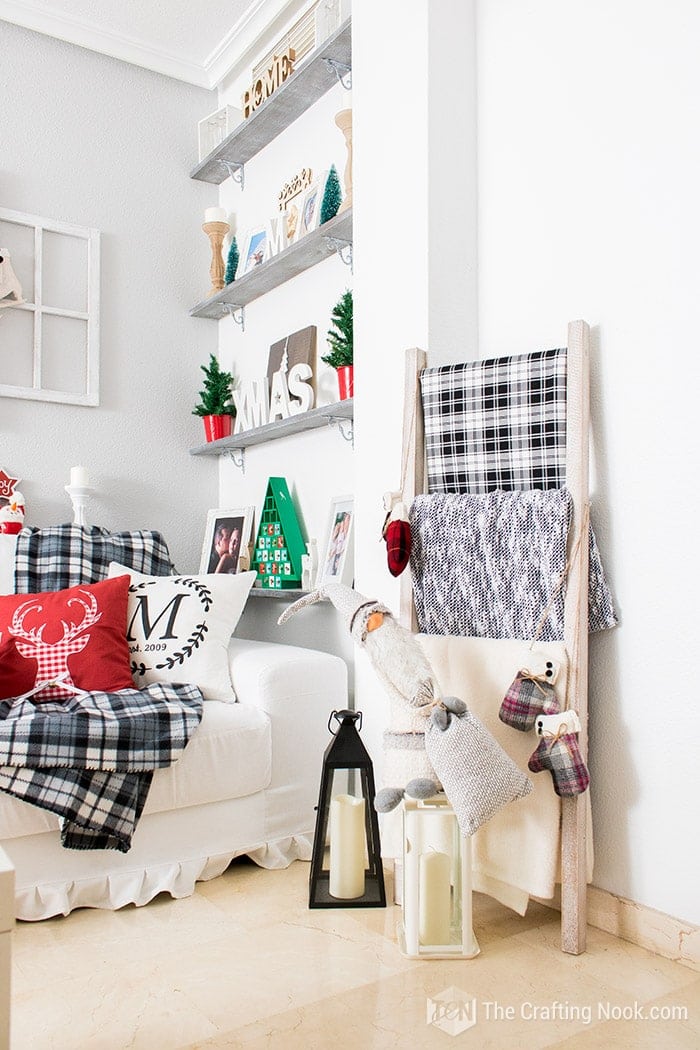 closer view of ladder in living room with christmas decoration  