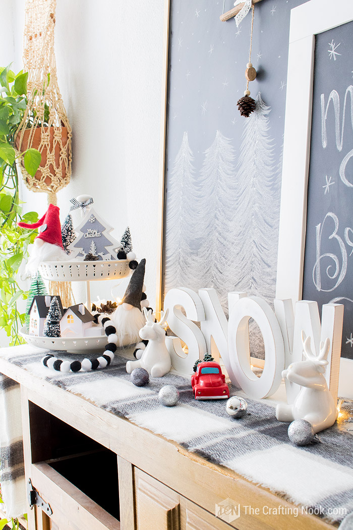 angled view of Black and White Buffalo Plaid Christmas Home Tour Merry & Bright