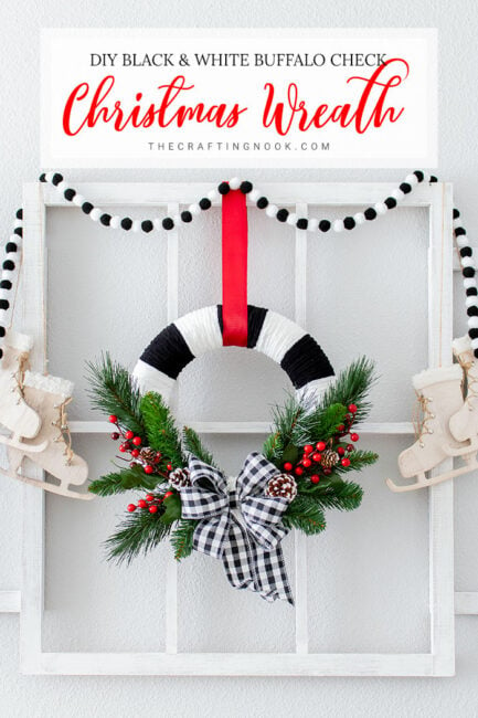 DIY Black and White Christmas Wreath Cover image with text overlay