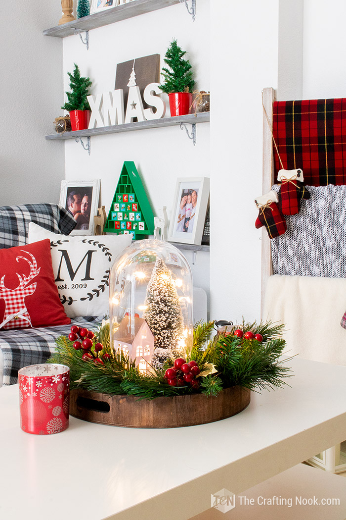 DIY Winter Scene Christmas Cloche Centerpiece Decor in Livingroom