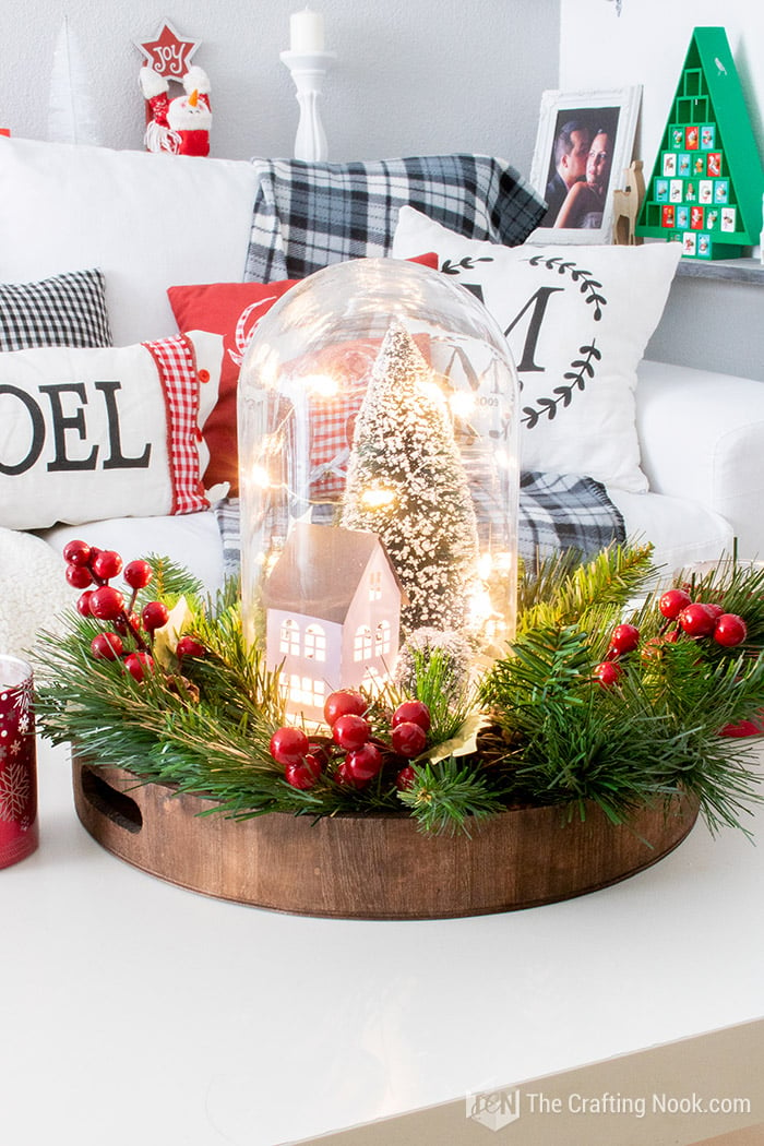 view of DIY Winter Scene Christmas Cloche Centerpiece