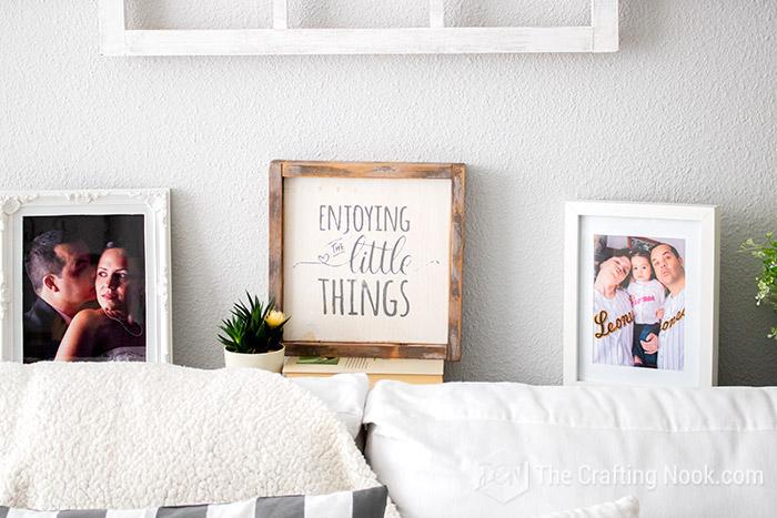 closer view of DIY Reversible Farmhouse Wood Sign in Livingroom