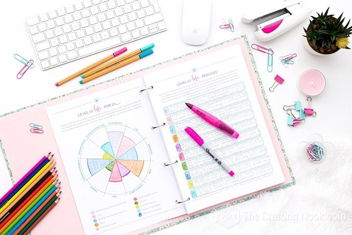 cenital view of a decorative image of a open planner, minimalistic keyboard and some colors pens