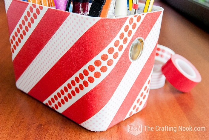 closeup of washi tape pencil holder