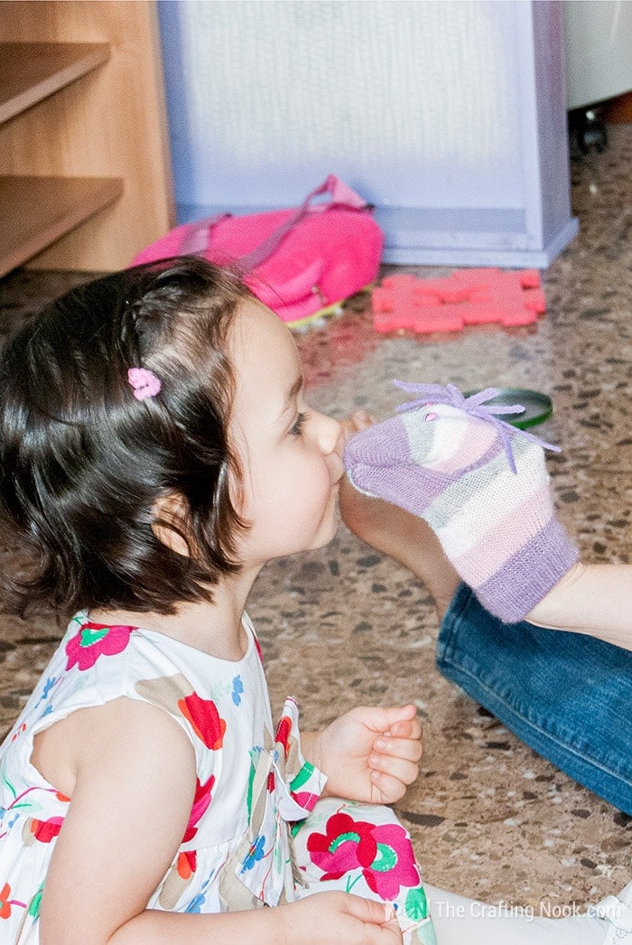 Playing and enjoying the upcycled glove cute puppet