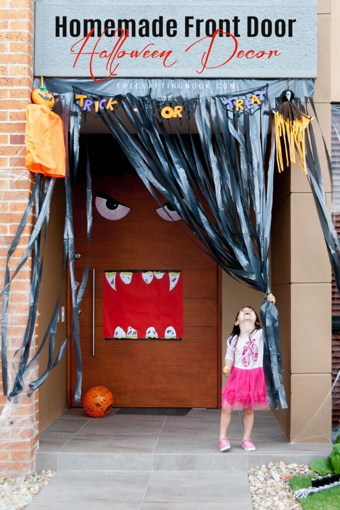 Homemade Front Door Halloween Decor Cover image with Title Text Overlay