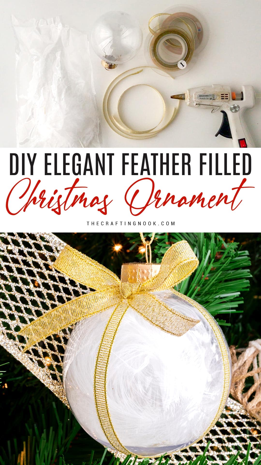 DIY Feather Christmas Ornament for a glamorous Tree Pinterest Image with text overlay