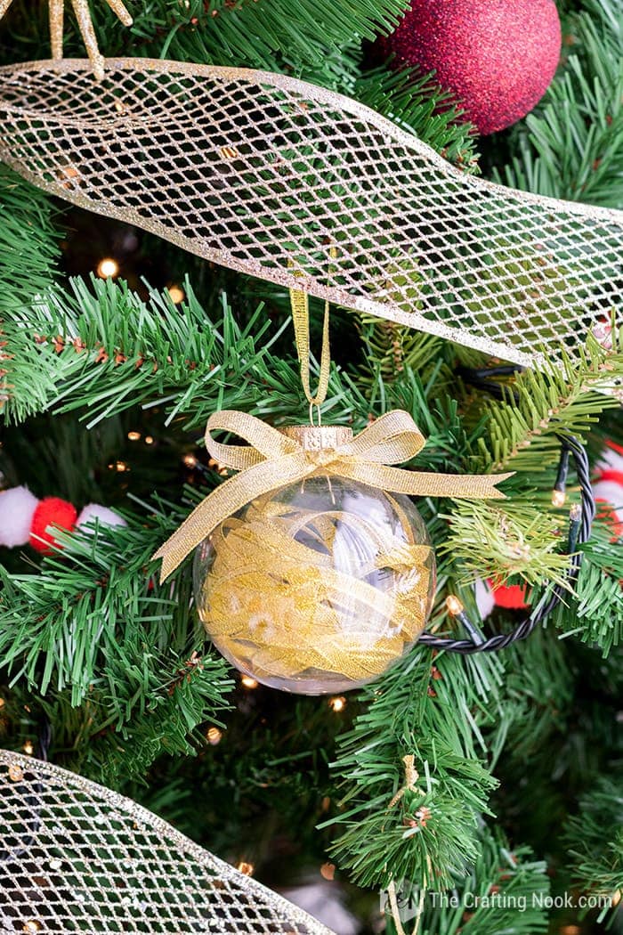 DIY Gold Ribbon Filled Christmas Ornaments Tutorial