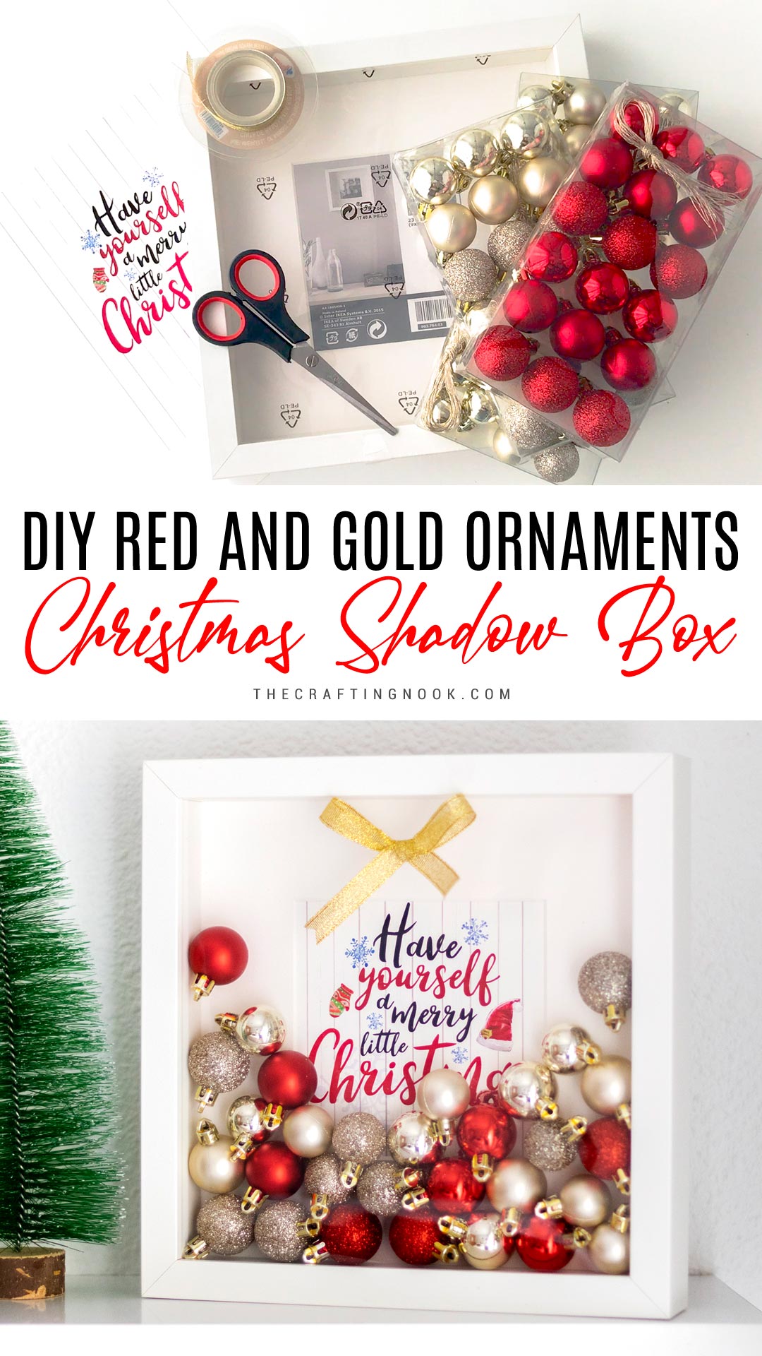 DIY Red and Gold Christmas Ornament Shadow Box - The Crafting Nook