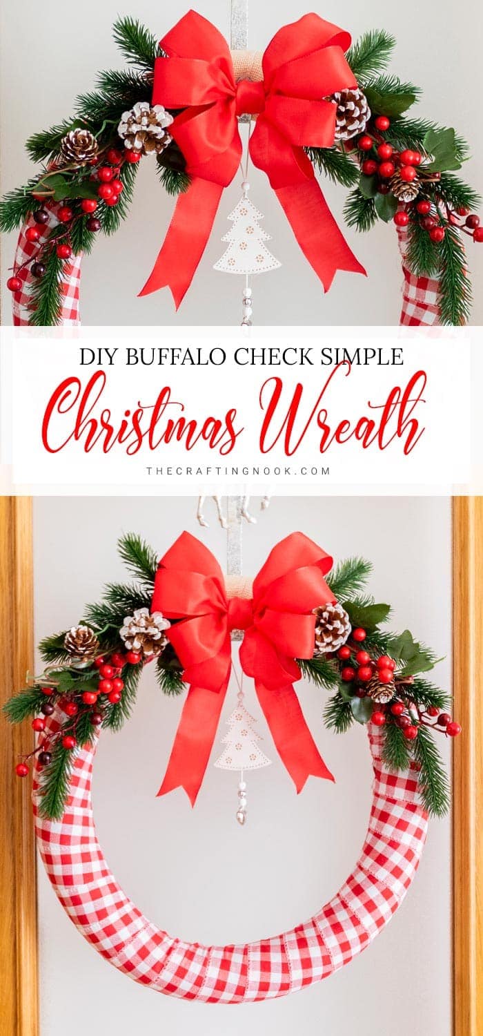 DIY buffalo check simple Christmas Wreath Pinterest image with tittle text overlay