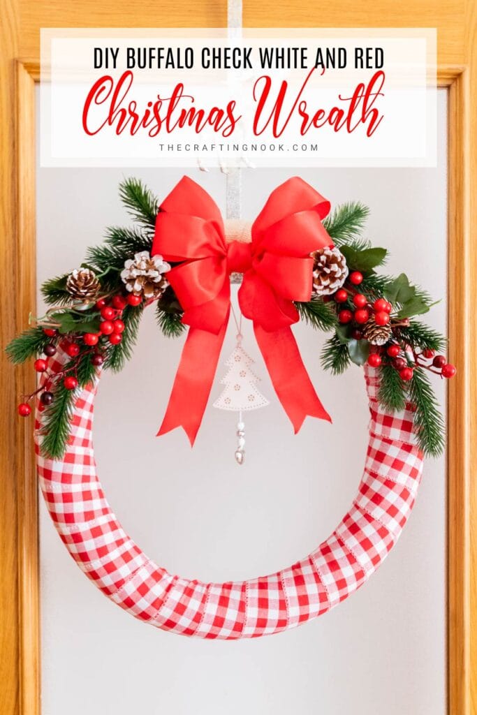 DIY Buffalo Check Traditional and Simple White and Red Christmas Wreath cover image with Title text overlay