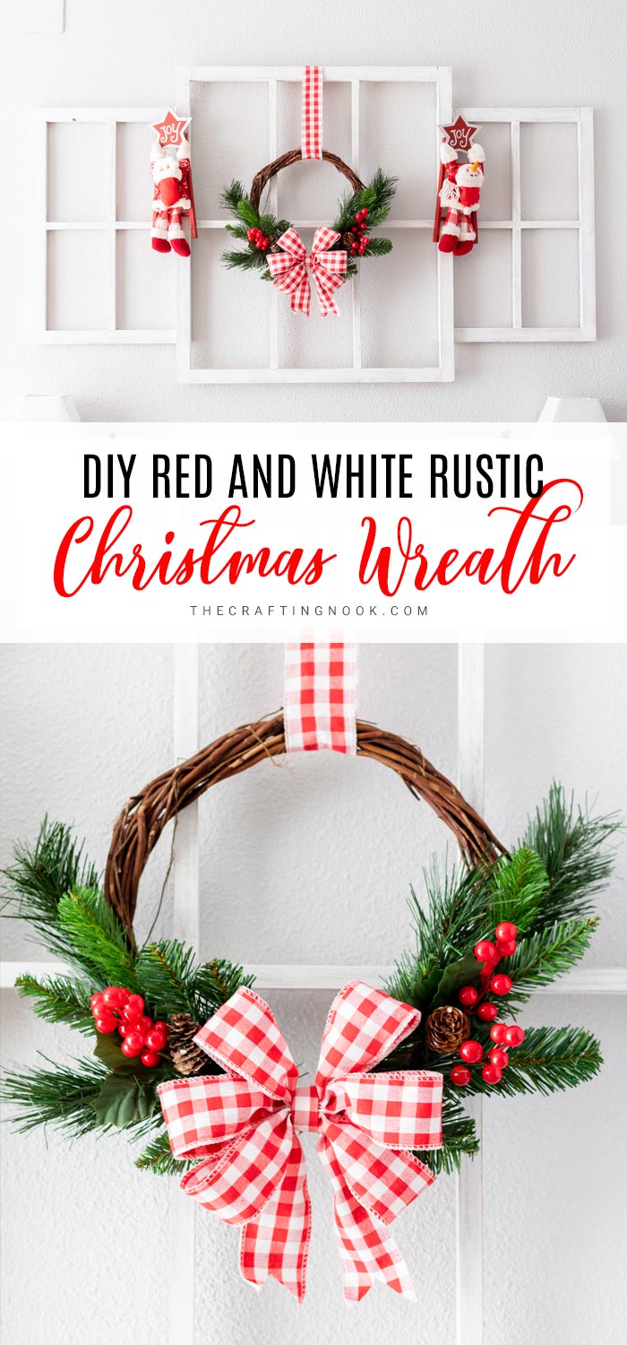 Red and White Rustic Wreath is quick and easy to make. Pinterest image with text overlay