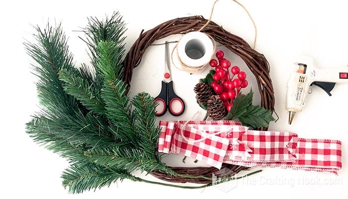 Supplies needed to make the DIY Rustic Christmas Wreath in Red and White