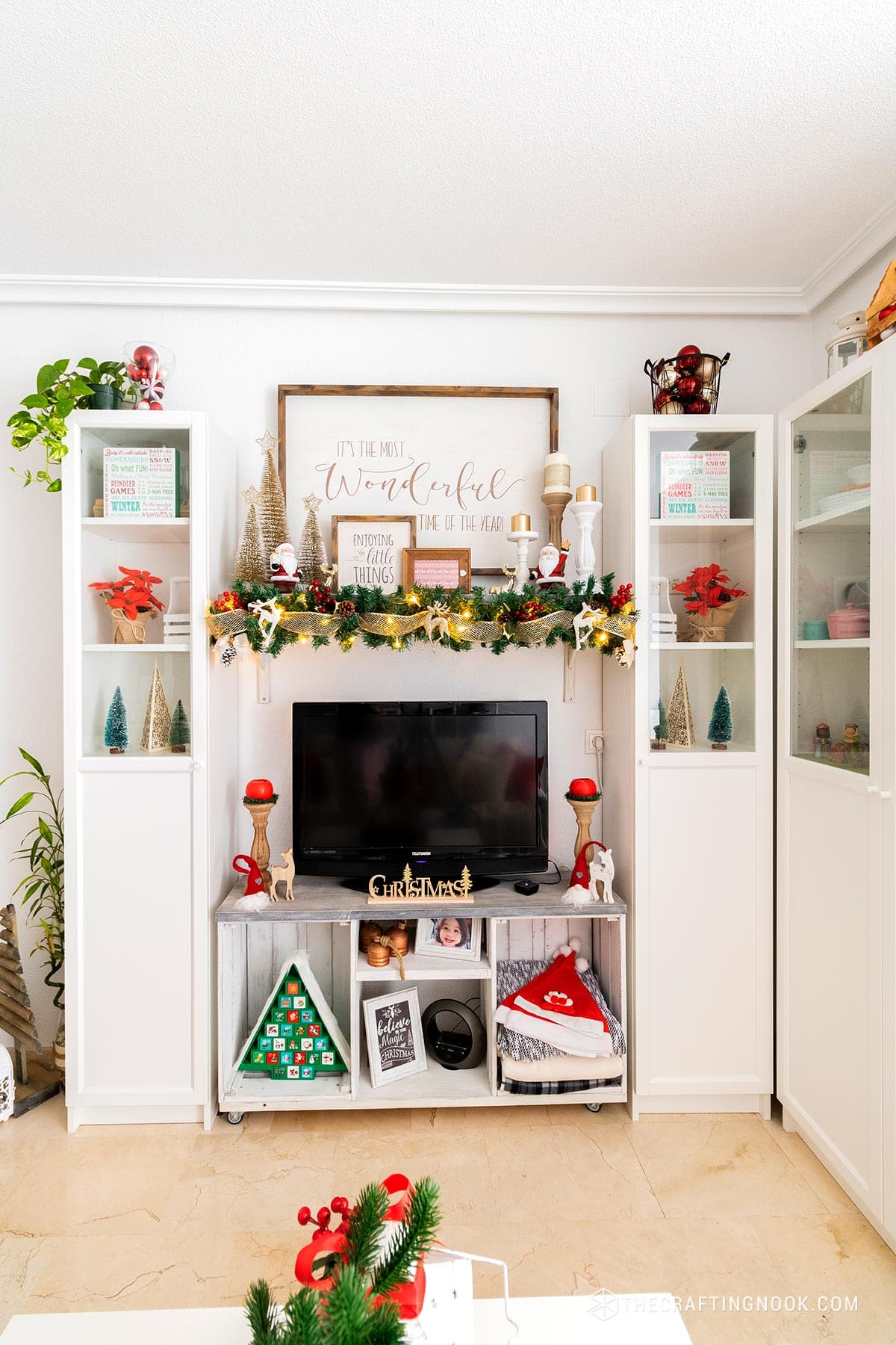 general front view of Red and Gold Elegant Christmas Mantel