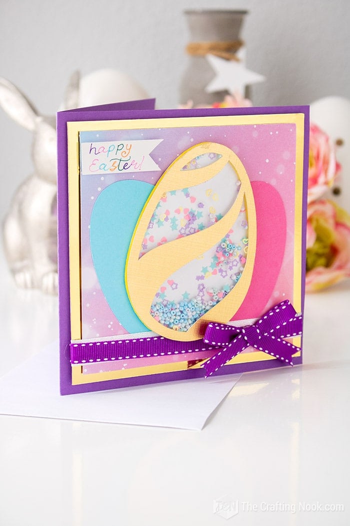 Scrapbook style Easter card with a fun shaker egg