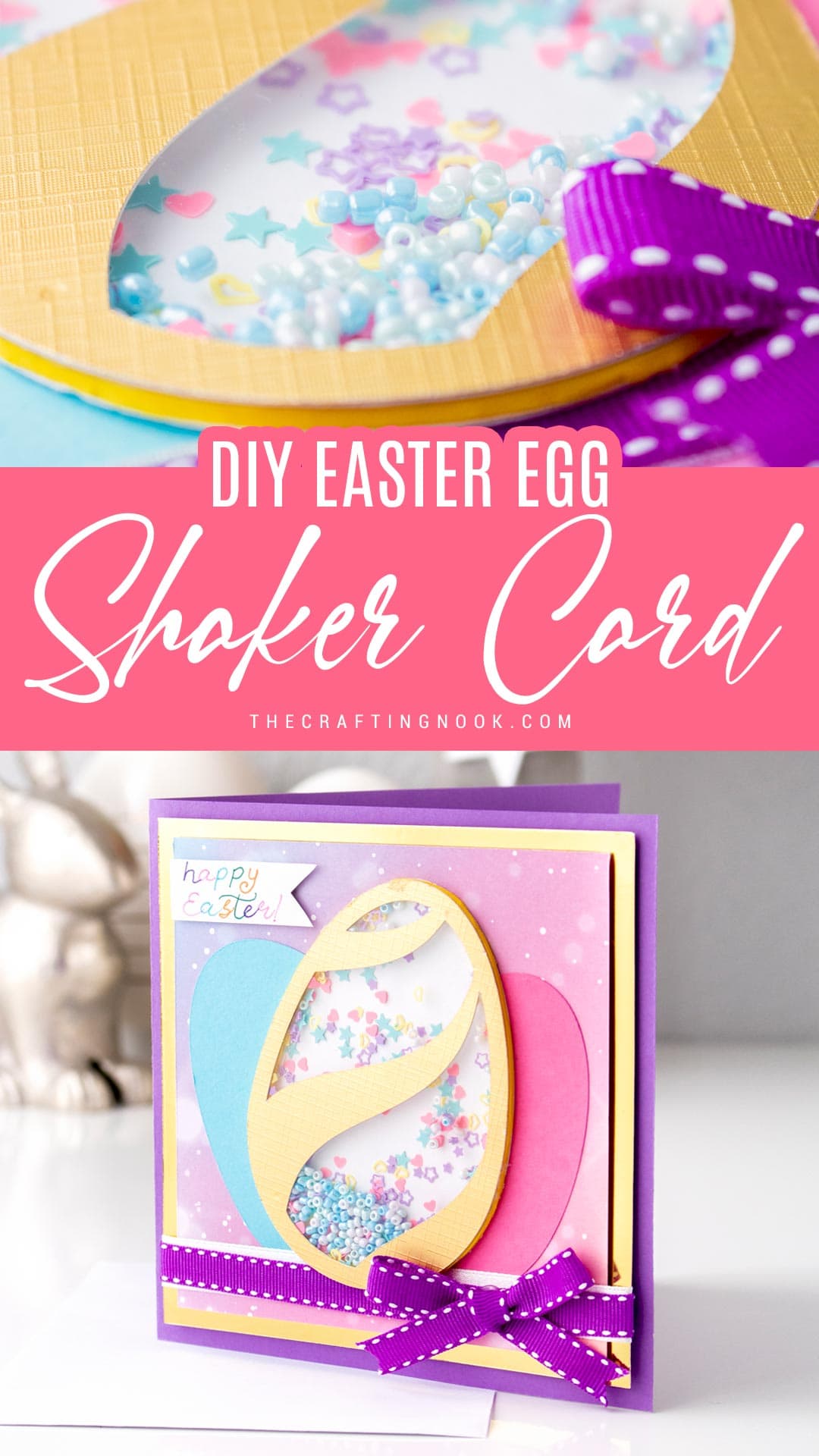 Cute and colorful Easter Egg DIY Shaker Card Pinterest image with title overlay