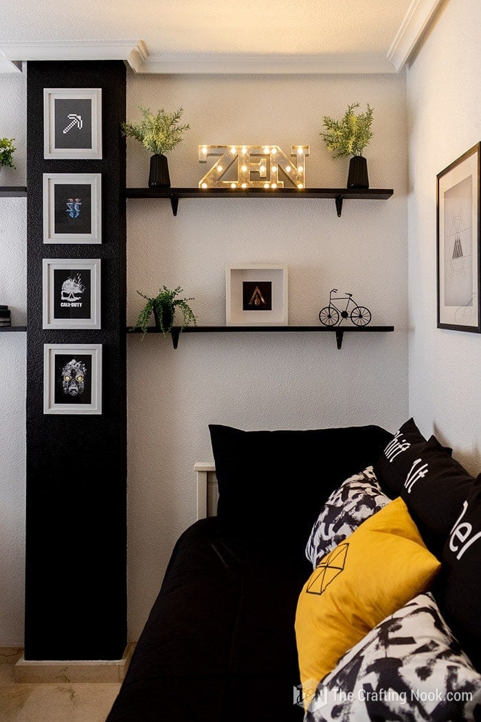 Garmer room shelving decor with a lighted ZEN word