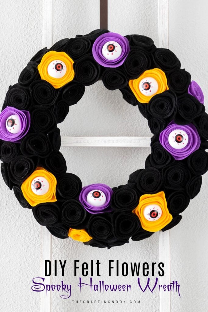 DIY Felt Flowers Spooky Halloween Wreath with creepy eyeballs Cover Image with Title text overlay