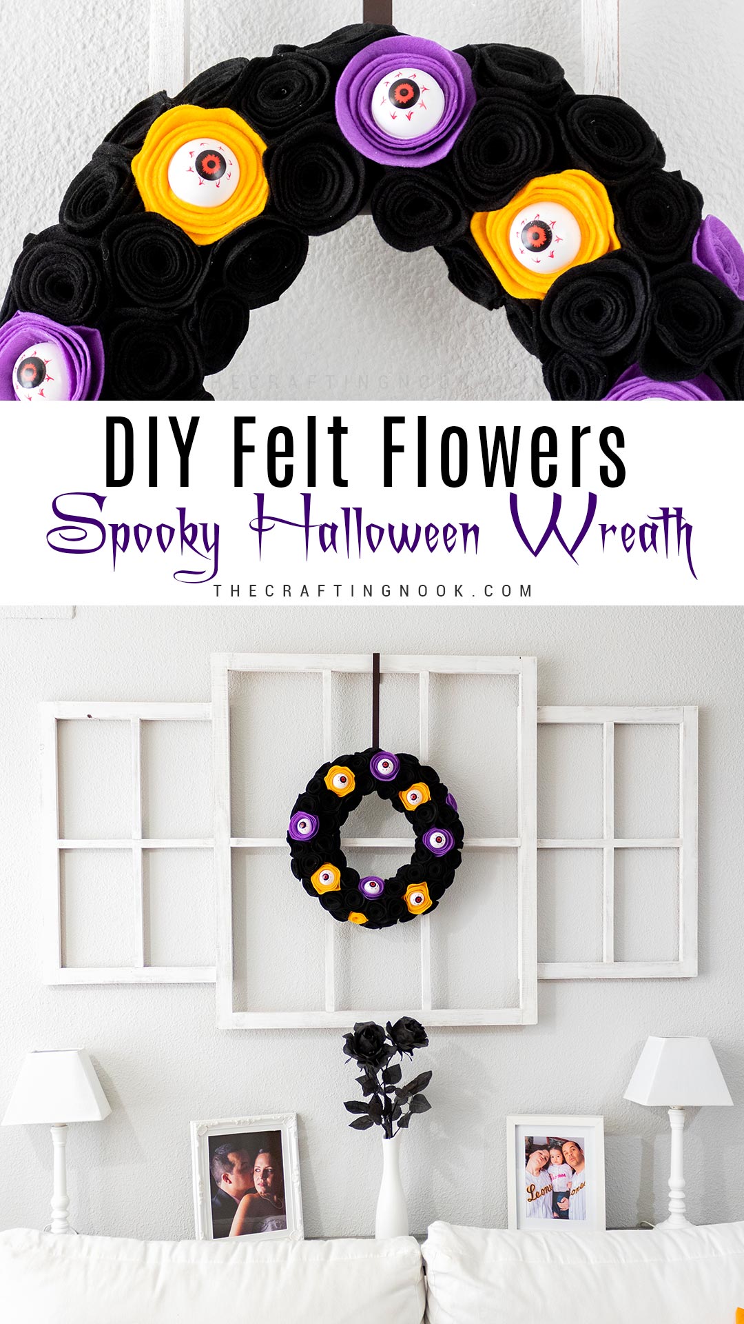 An image to share on Pinterest showing off the spooky wreath and a closeup of the spooky eyeballs